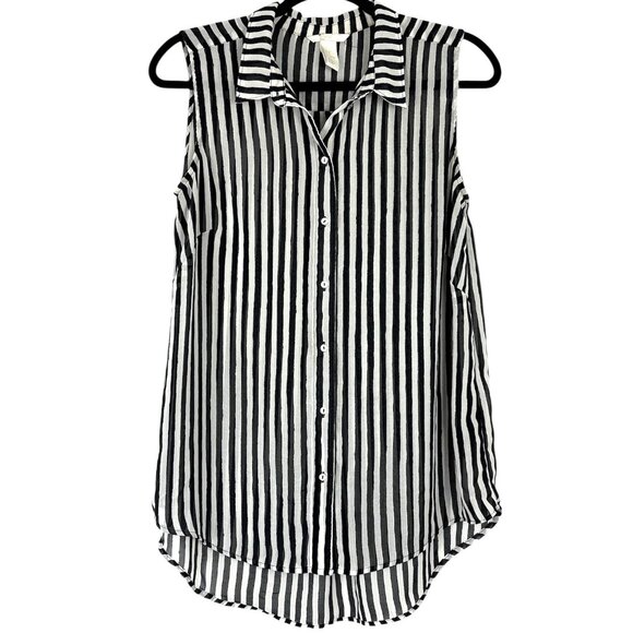 H&M‎ Sleeveless Button-Down Blouse Women’s Size 10 Black White Vertical Stripe - Picture 1 of 13